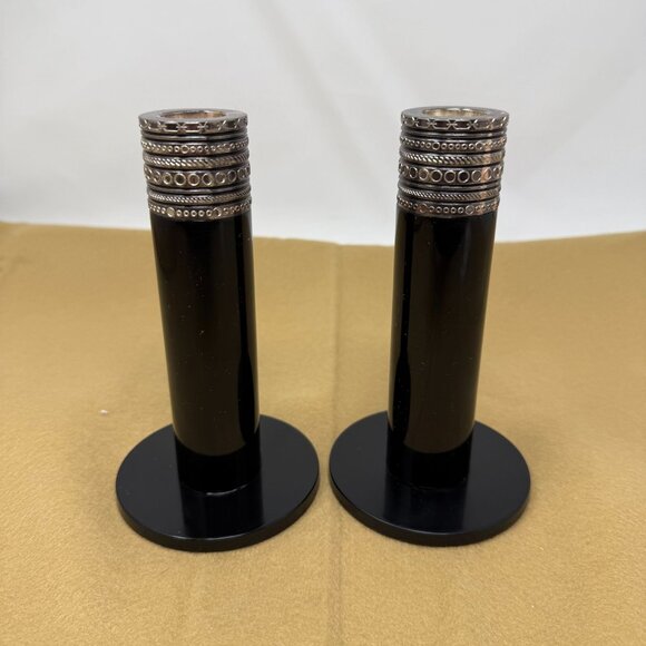 Vera Wang Wedgewood With Love Noir Black Silver Metal Candlesticks Art Deco Glam - Picture 2 of 10